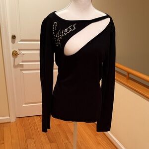 Guess Black Long Sleeve Cut Out Beaded Dressy Top